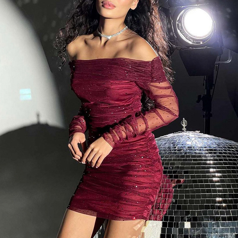 Elegant Gauze Sequins Mini Women Dress Off Shoulder Long Sleeve Hip Package Party Dresses