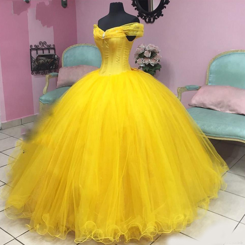 Modern Belle Yellow Quinceanera Prom dresses Ball Gown Real Photo Cheap off the shoulder with Sleeves Tulle Sweet 15 Dress Vastidos De Dress