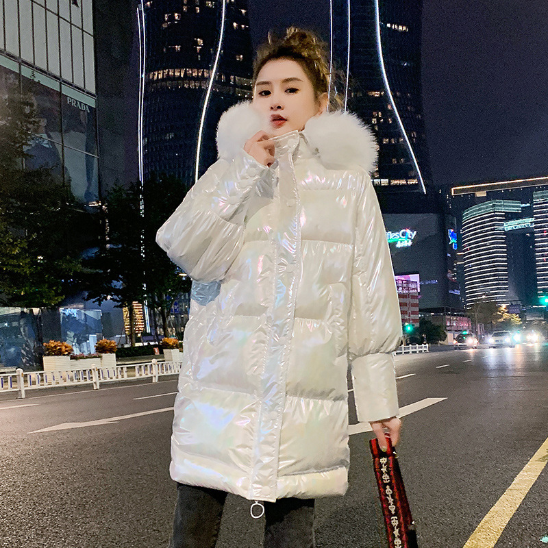 New Long Glossy Hooded Parka Jacket Women Warm Thicken With Fur Collar White Long Winter Coats Parka 201019