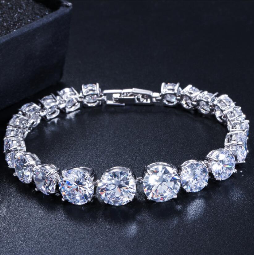 Tennis Bracelet: Gold Fill Platinum Plated Round Cut White Topaz CZ Dia Stackable Women Wedding Bracelet