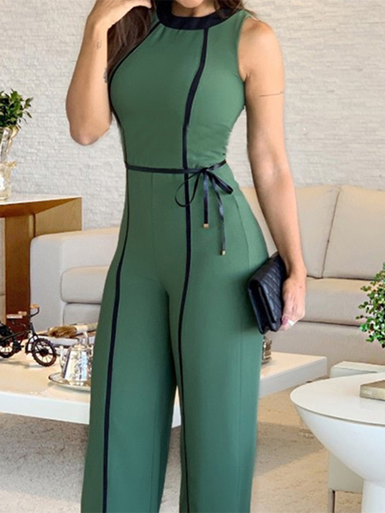 Wide Leg Jumpsuit Summer O Neck Green Sleeveless Jumpsuit Vacation Elegant Long Playsuit Office Lady Vintage Overalls T200107