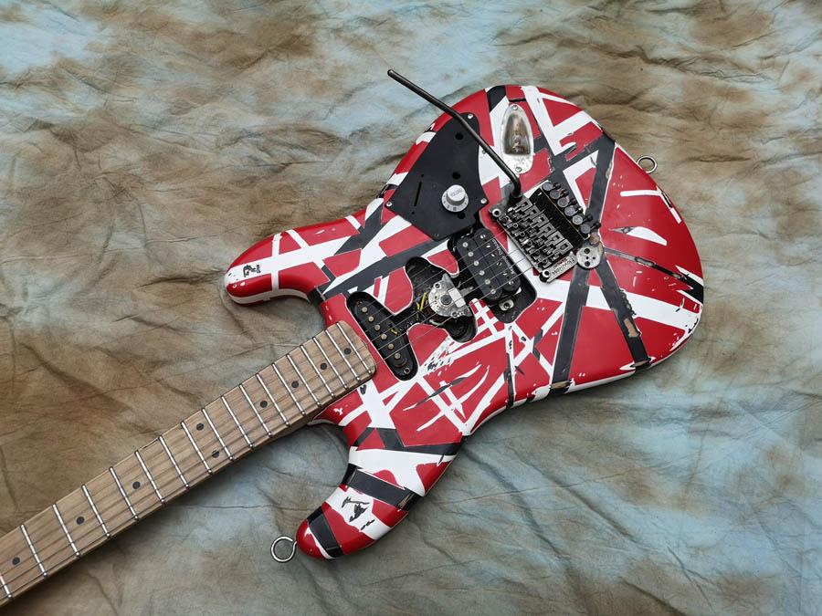 

Heavy Relic Kram Eddie Edward Van Halen 5150 Red Franken Electric Guitar White Black Stripes, Big Headstock, Floyd Rose Tremolo & Locking Nut