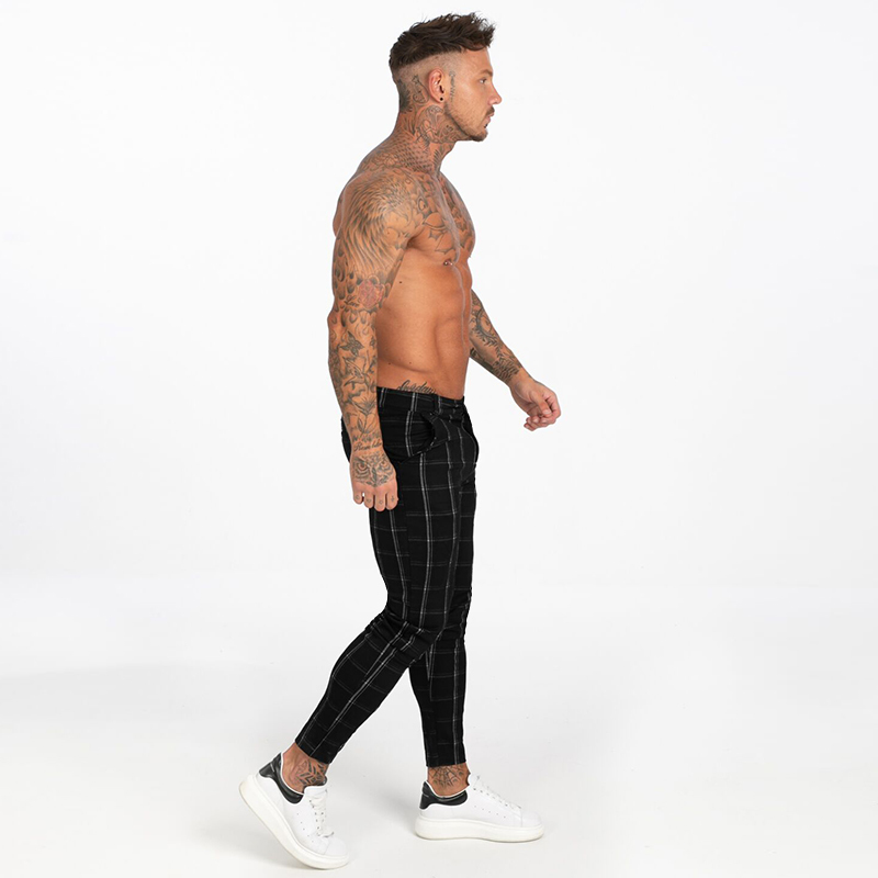 GINGTTO Men's Chinos Pants Skinny Fit Elastic Waist Black Plaid Autumn Stretchy Chinos Pants Men Size 28-36 EU Size Slim Leg 201128