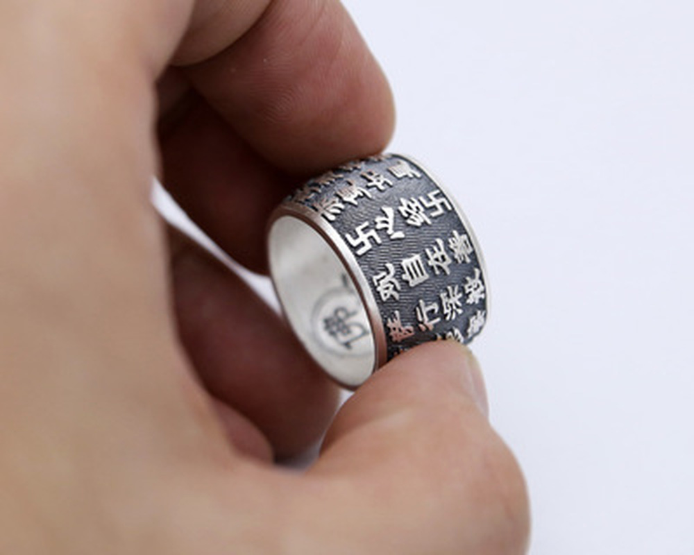 999 Sterling Silver Buddhist Heart Sutra Ring for Men Women Buddha Ring Vintage jewelry