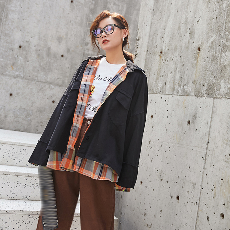 EAM Loose Fit Black Plaid Stitch Big Size Jacket Lapel Long Sleeve Women Coat Fashion Spring Autumn 1X775 201017