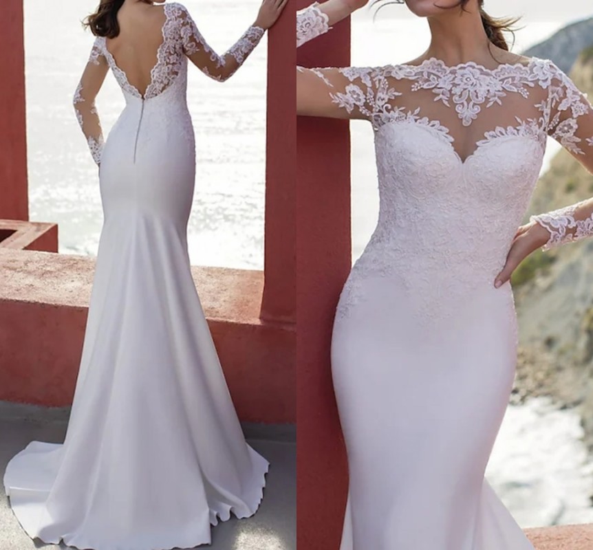 2022 Bridal Gown Trumpet Wedding Dress Jewel Neck Floor Length Lace Stretch Satin Long Sleeve Country Simple Appliques Vestido De Noiva Robe De Mariag