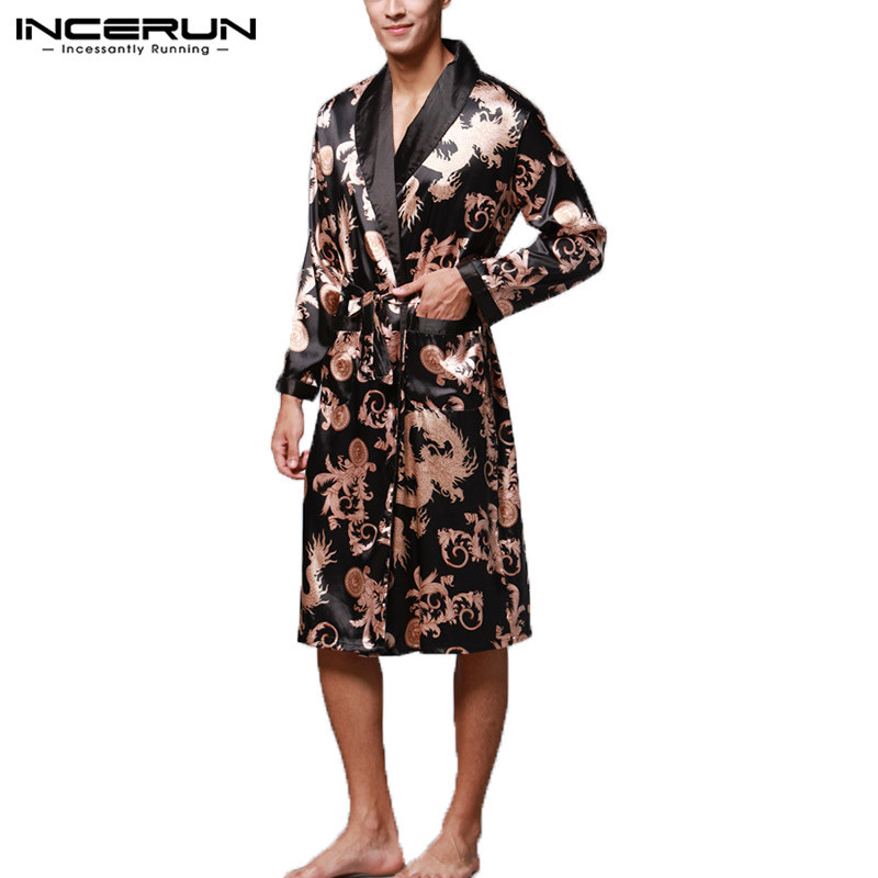 INCERUN Fashion Satin Silk Pajamas Mens Robe Long Sleeves Bathrobe Lucky Chinese Dragon Print Gown Bathrobe Sleepwear Lounge 210203