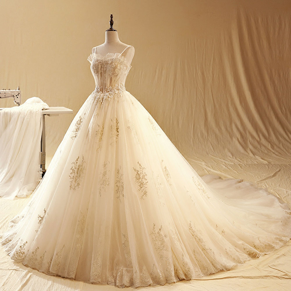 Pearls Flower Appliques Lace Prom Dress Spaghetti Strap A-Line Lace Up Vestido De Novia Floor Length Custom Made Bridal Dress