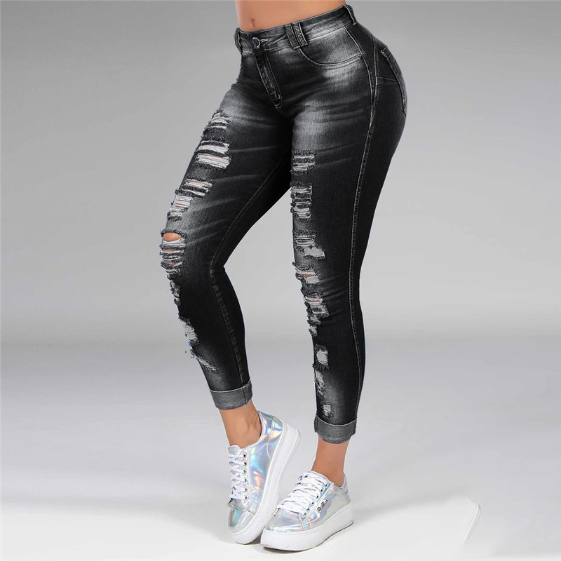 Washed Ripped Jeans Women Plus Size S5XL Korean High Waist Trousers Skinny Denim Jeans Black Blue Hollow Bleached Pencil Pants 201105