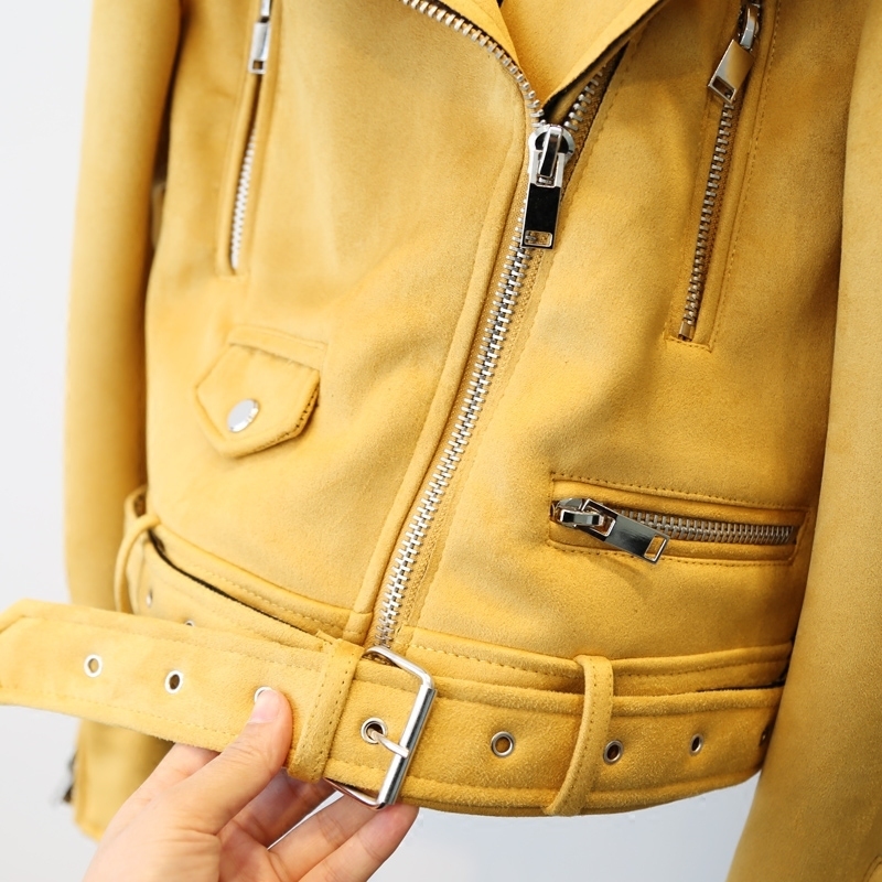 Fitaylor Yellow Suede Leather Jacket Women Slim Zipper Biker Coat Black Motorcycle Biker Belted Short Coats Basic Street Outwear 201030