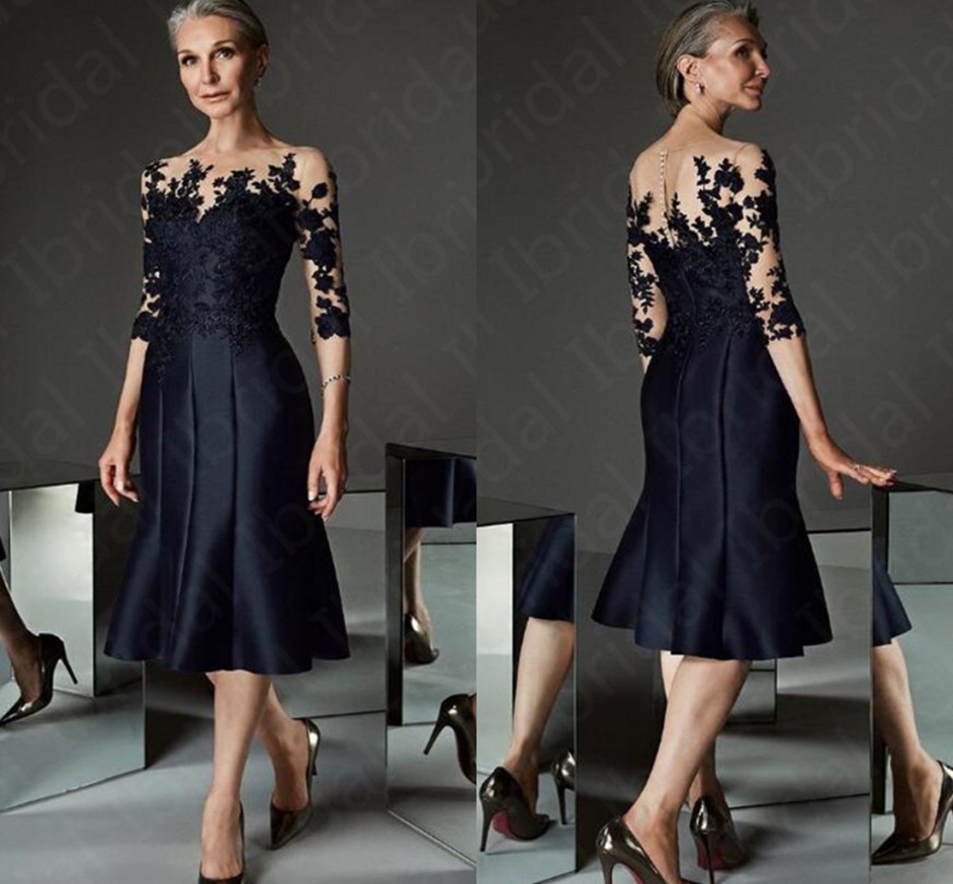 Gorgeous Black Knee Length Mother of the Bride Dresses 2024 Lace Applique Illusion Three Quarter Sleeves Wedding Guest Gowns robe de soiree