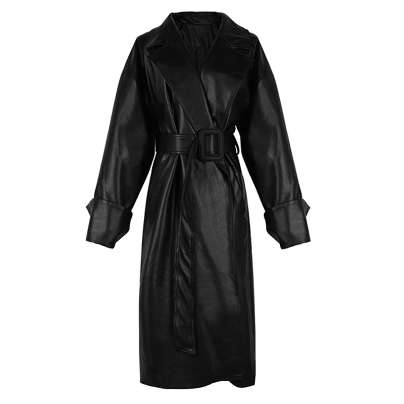 Lautaro Long oversized leather trench coat for women long sleeve lapel loose fit Fall black women plus size clothing streetwear 201030