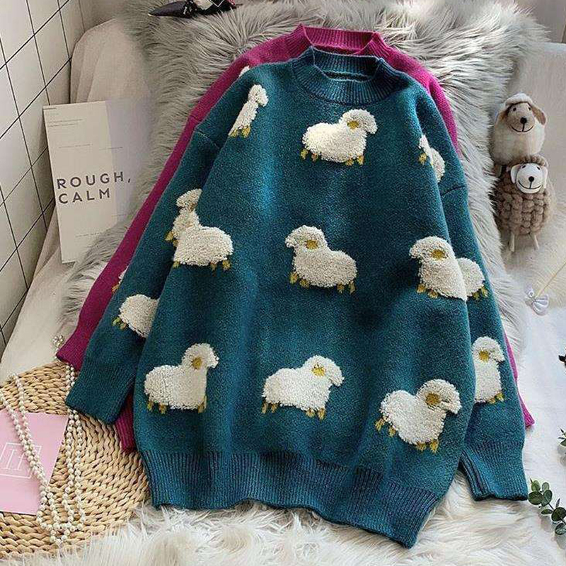 AZYT Cartoon Sheep Print Pullover Sweater Women O Neck Loose Knit Women's Jumpers Autumn Winter Fashion Knitwear Coat 201130