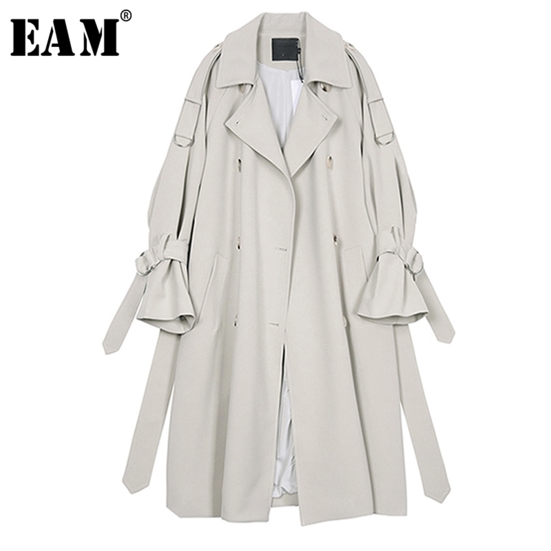 [EAM] New Spring Autumn Lapel Long Sleeve Gray Waist Bandage Big Size Long Windbreaker Women Trench Fashion Tide JR677 201211