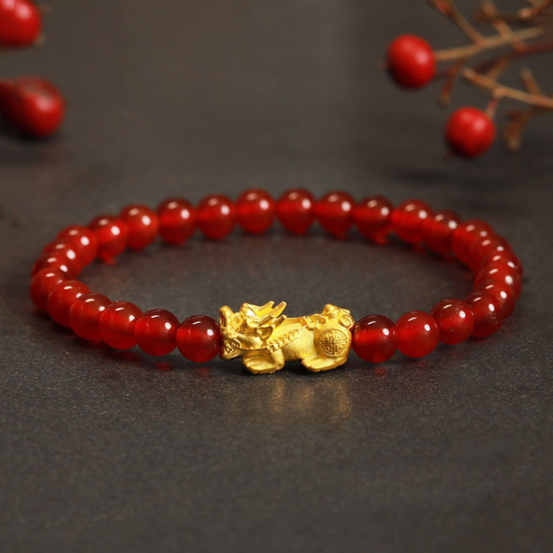 999 Real 24K Yellow Gold Bracelet Woman 3D Luck Bless Pixiu Charm with Red Agate Beads Adjustable 220309