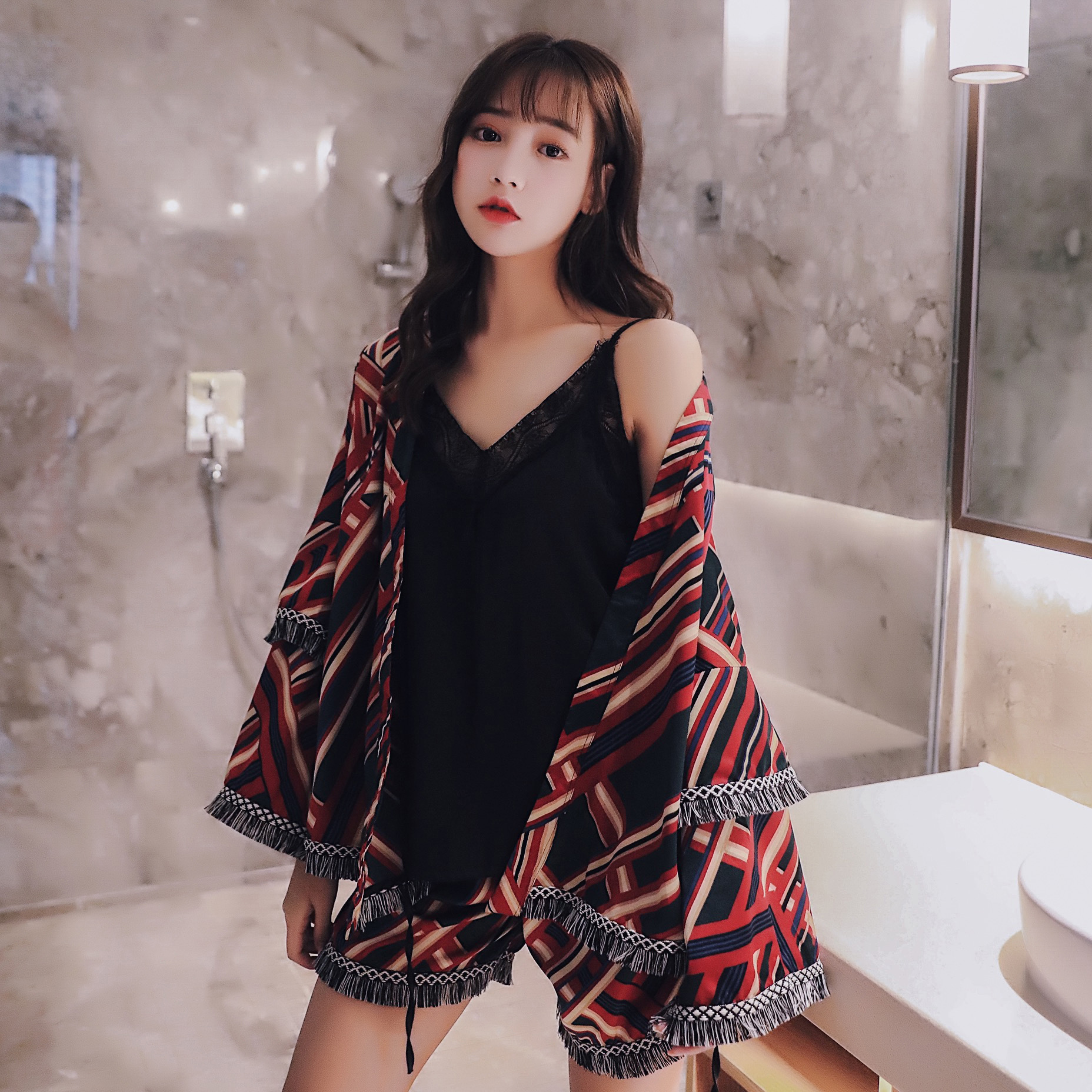 Cute Sweet Widesleeved Robes with Shorts Pajamas Set Three Pcs Set Women's Home Clothes Ladies Kimono Threepiece Woman Clothes T200429