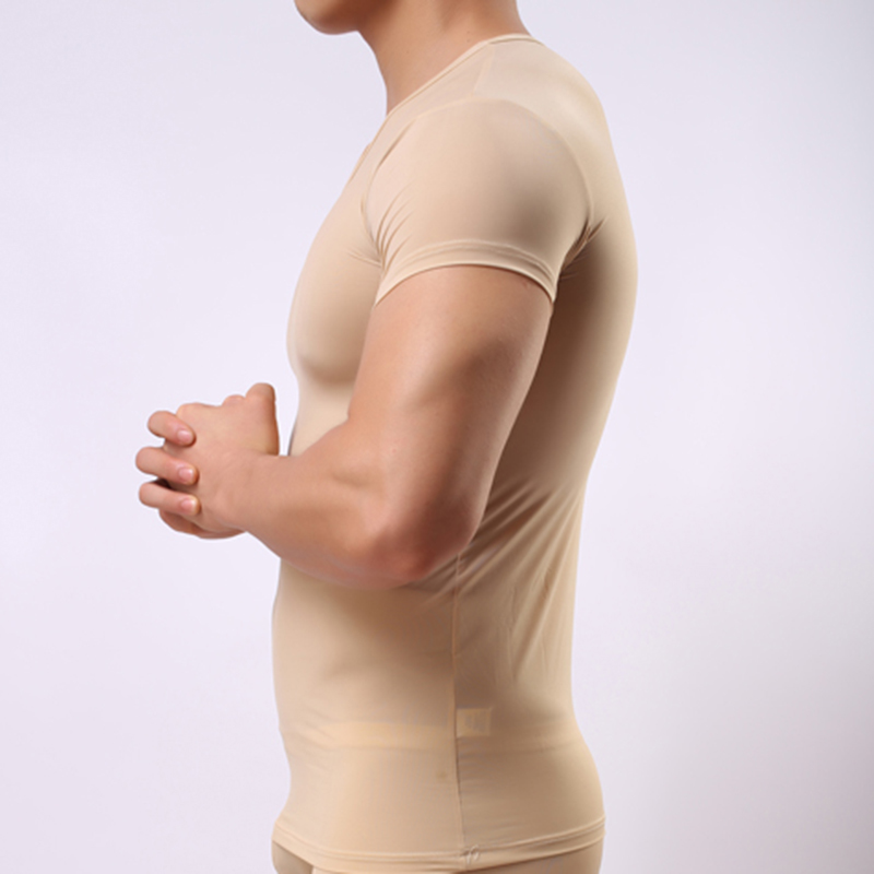 Men's Skinny Undershirt/Man Ice Silk Sheer Short Sleeves Basic Shirts/Gay Mesh Breathable V-neck See Through Underwear 201009
