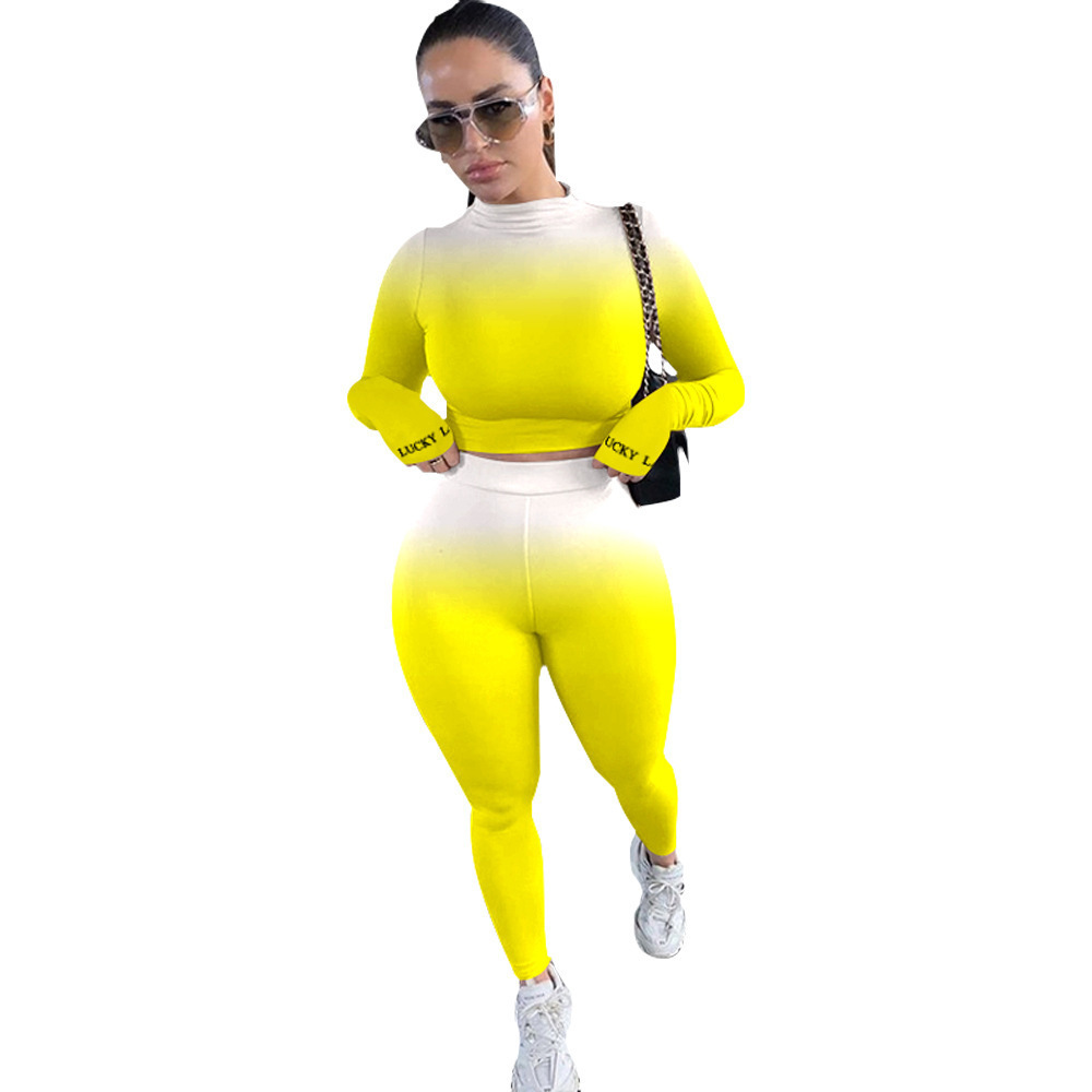 Women Two Piece Set Designer pants Sexy Gradient Long Sleeve T Shirts Tight Trouser Outfits Plus Size Ladies Fashion Casual Clothing Fall
