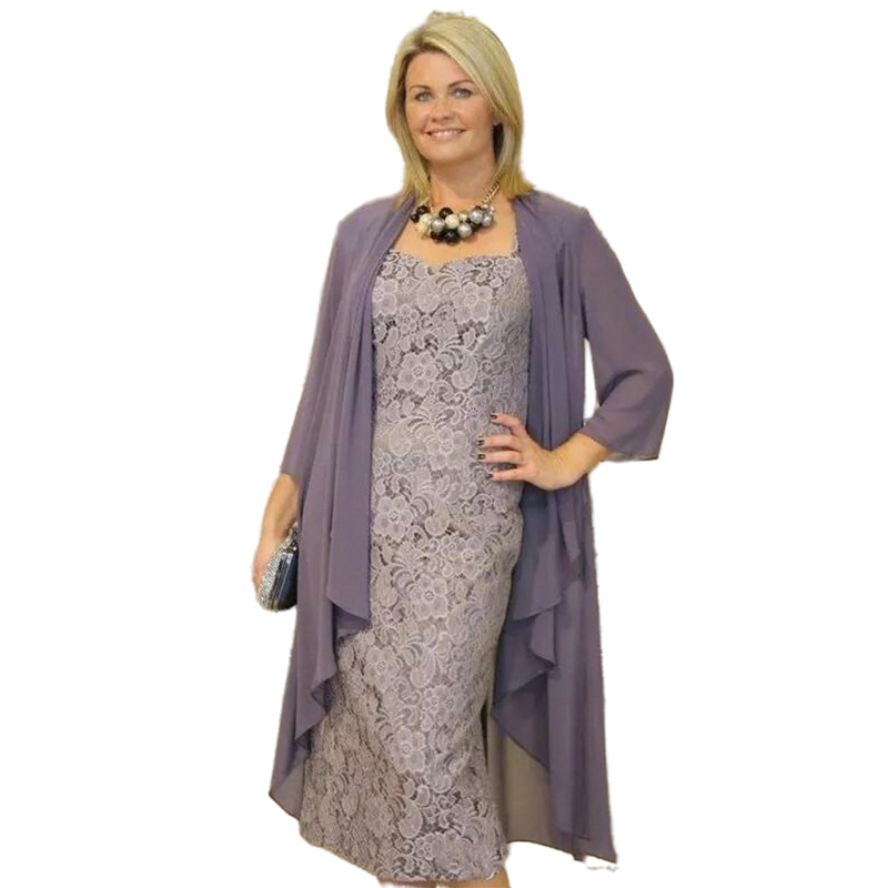 Elegant Two Pieces Lavender Mother of The Bride Dresses Suits Full Lace Dress With Jacket Tea Length Short Prom Party Gowns Plus Size