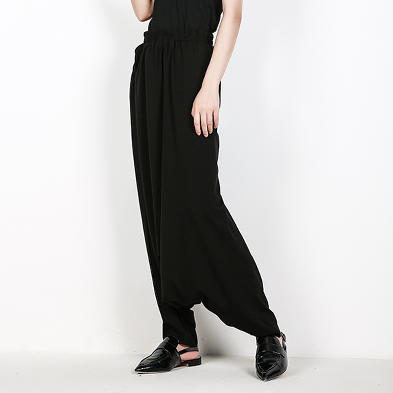 EAM Spring High Elastic Waist Brief Black Pocket Leisure Loose Cross-pants Women Fashion All-match JF596 201228