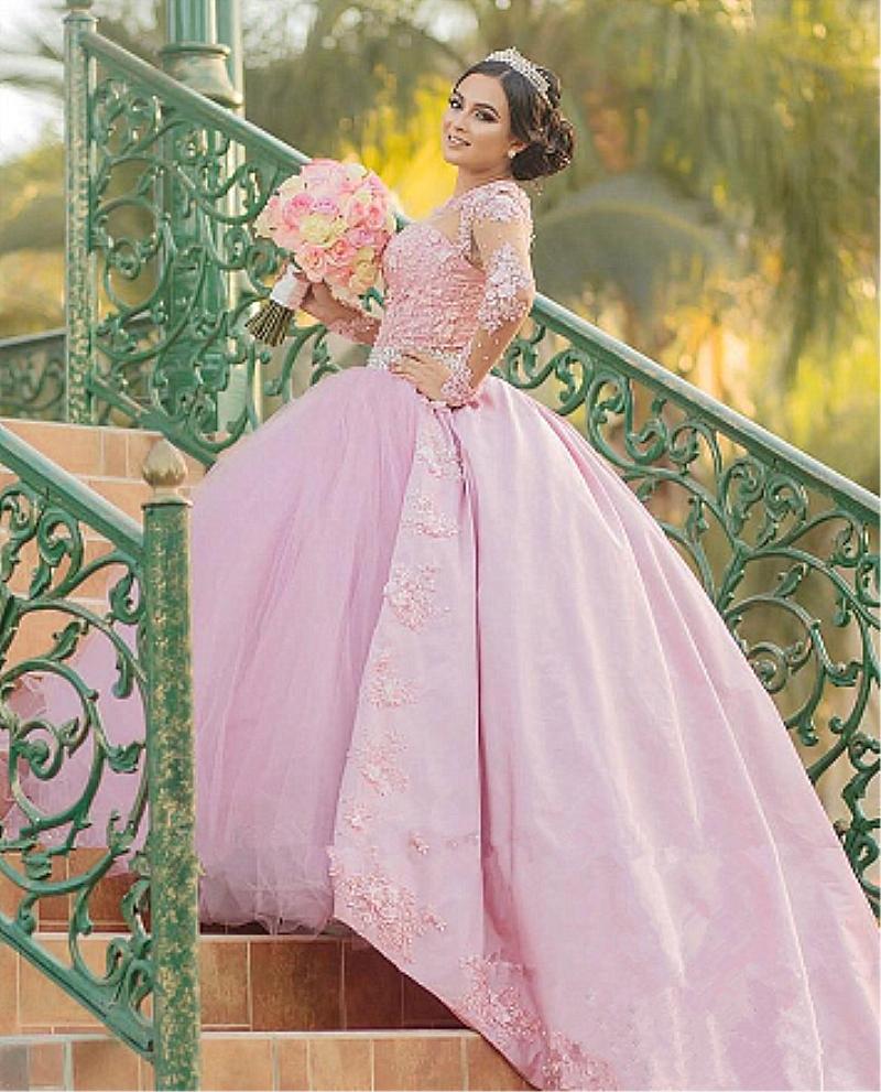 Pink Sweet 16 Quinceanera Dresses 2022 Ball Gown Vintage Lace Pearls Long Sleeves 3D Floral Vestidos 15 Anos Plus Size Pageant Prom Gowns Masquerade D