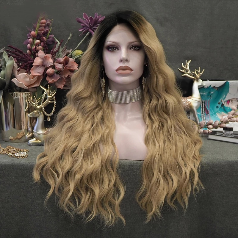 Long Deep Wave Ombre Blonde Wig Side Part Synthetic Lace Front Wig Black Roots Wigs for Women Ombre Blonde Cosplay Wigs