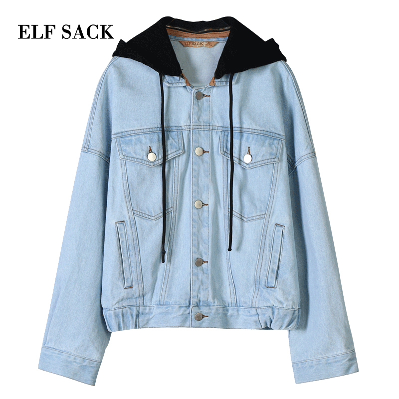 ELF SACK New Woman Jackets Cotton Casual Long Sleeve Denim Women Coats Solid Wide-waisted Loose Femme Denim Jackets Outerwear T200319