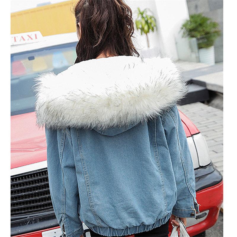 BEFORW Women Warm Denim Jacket With Fur Collar Jean Coat Jacket Slim Hooded Coat Autumn Winter Thick 2020 bomber