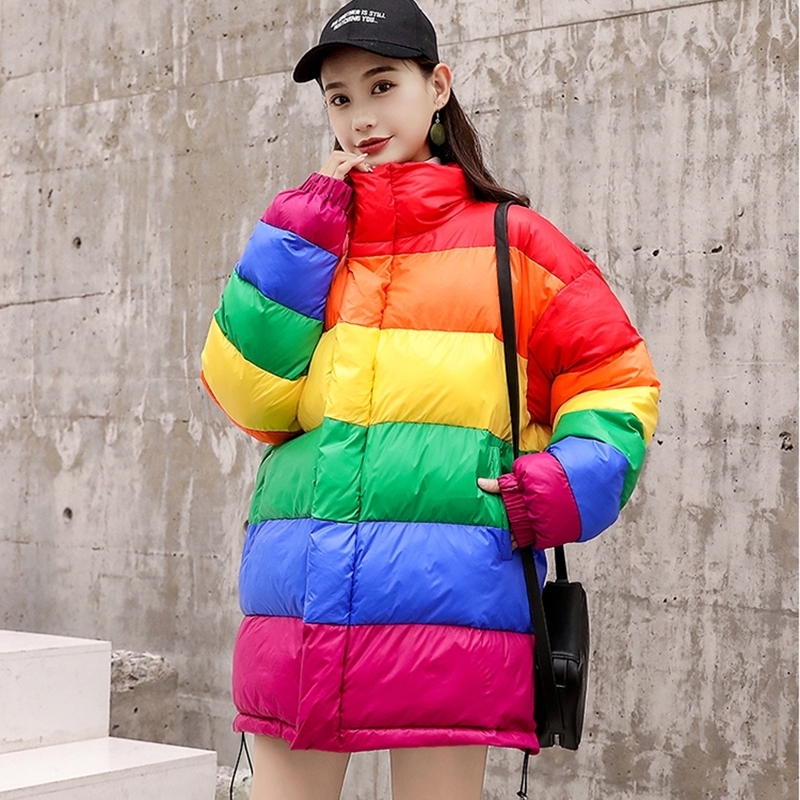 Warm Down Jacket Thicken Parkas Rainbow Spliced Winter Coat Loose Women Cotton Jackets Streetwear Outerwear 201125