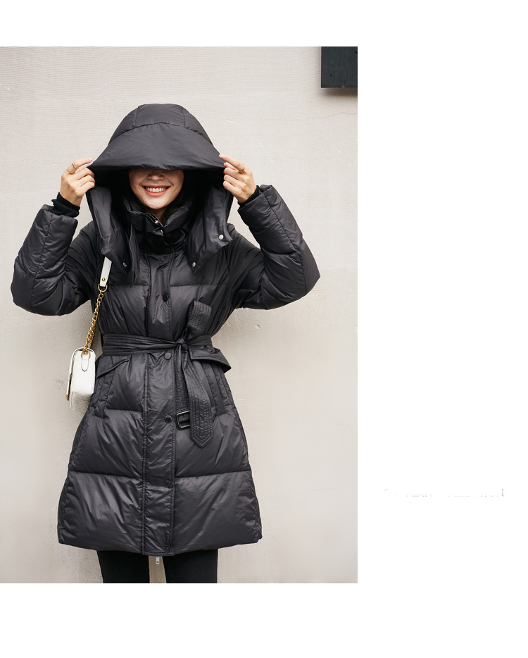 puffer winter down jacket warm hood Adjustable belt side slit zipper plus size 4XL black white women's fashion coat 201019