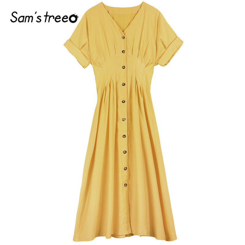 SAM'S TREE Black Solid Chic Single Button Casual Women Dresses Summer Vintage Yellow Short Sleeve Korean Ladies Party Dress T200619