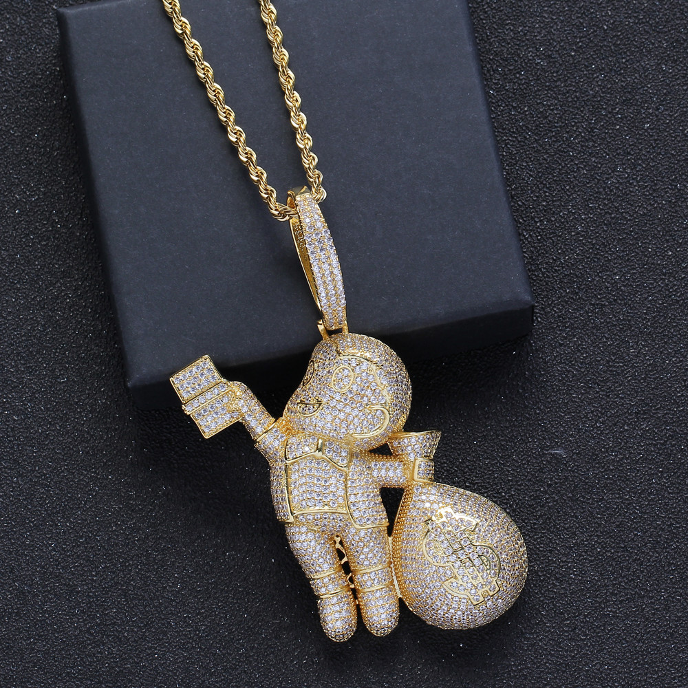 Small Size High Quality Brass CZ stones Cartoon Men Money Bag Necklace Hip hop pendant Jewelry Bling Bling Iced Out CN199 Y1220