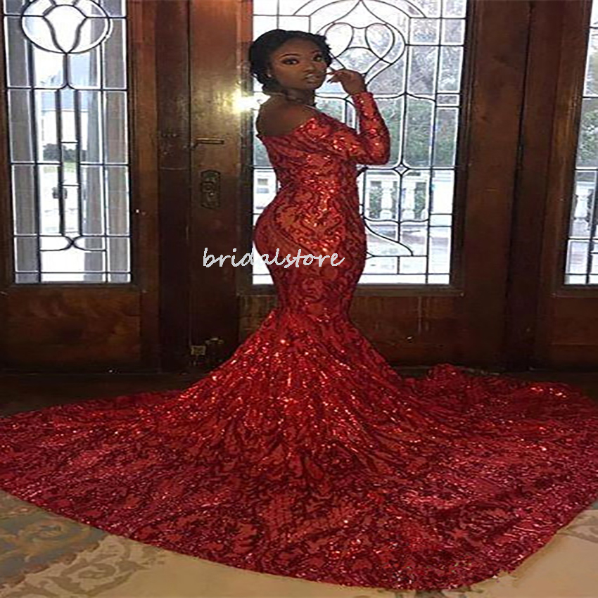 Black Girls Sparkle Sequined Prom Dresses Red Aso Ebi 2022 Sexy Off The Shoulder Mermaid Evening Dress Glitter Formal Party Dress With Train Plus Size