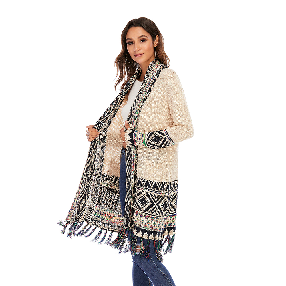 CGYY Women's Colorful Boho Sweater White Color Knitted Open Front Spring Autumn Winter Cardigan With Fringe Tassel And Pockets 210204