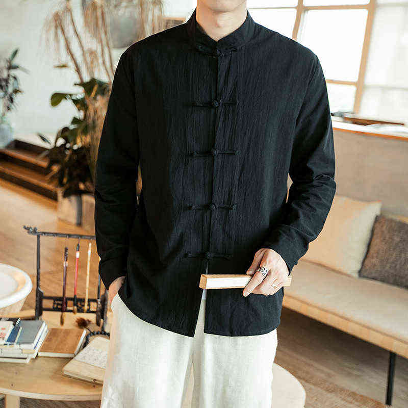 Chinese Style Shirt Men Cotton Linen Vintage Casual Chemise Men Long Sleeve Cotton Linen Chinese Style Shirts Kung Fu Tai Chi Ta G0105