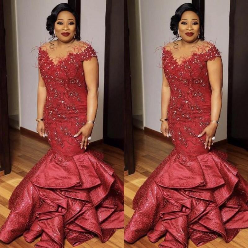 vestidos formale Brick Red Evening Dresses Mermaid Appliqued Lace African Mermaid Prom Dress 2021 Arabic Party Gowns