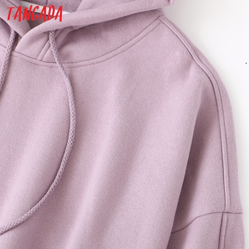 Tangada autumn winter women lavender cotton fleece hoodie sweatshirts ladies oversized pullovers pocket hooded tops SD62 201008