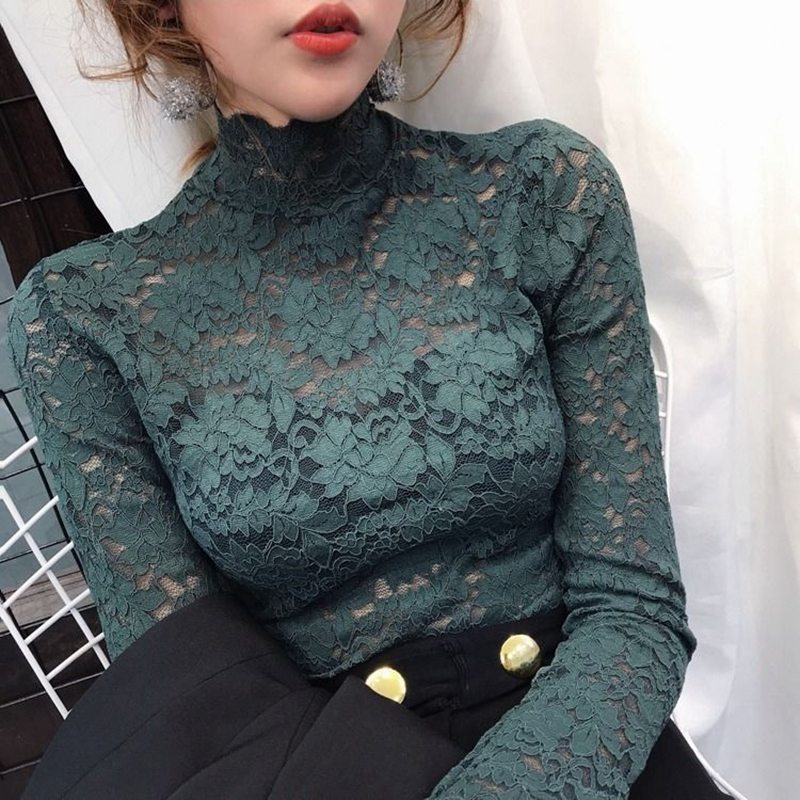 Women Spring Autumn Style Lace Blouses Shirts Lady Casual Long Sleeve Turtleneck Lace Blusas Tops DD8153 201201