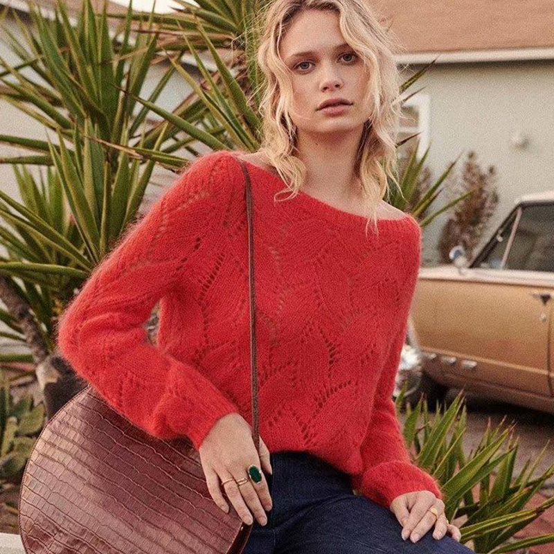 KHALEE YOSE White Chic Mohair Pullover Sweater Autumn Long Sleeve Hollow Out Sweater O-neck Casual Pullovers Women Jumper 201221