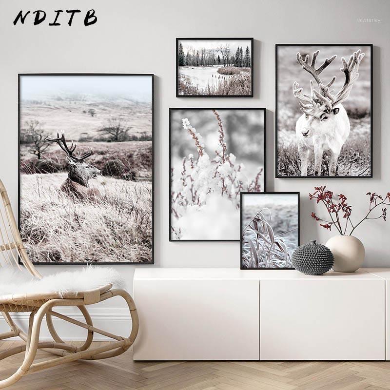 

Scandinavian Winter Nature Landscape Poster Print Deer Reed Wood Canvas Painting Animal Wall Art Picture Nordic Style Home Decor1