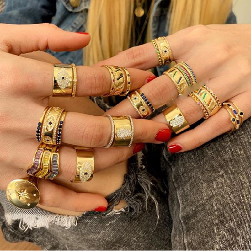 Wholesale Engraved Cz Evil Eye Gold Wide Engagement Band Rings for Lady Women Party Gift Finger Jewelry Classic Antique Ring