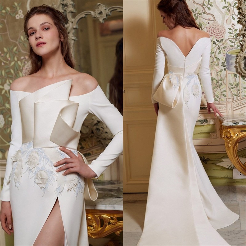 Chic Long Sleeves Prom Dresses Ruffles Satin Evening Dress Side Split Appliqued Lace Formal Mermaid Pageant Dress Custom Made Sweep Train