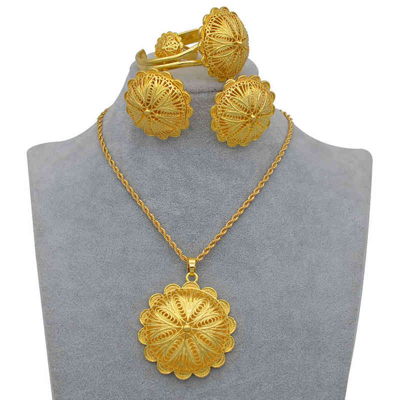 Anniyo Ethiopian Jewelry sets Pendant Necklaces Earrings Ring Bangles for Womens Gold Color Eritrean African Bride Gifts #207506 220105