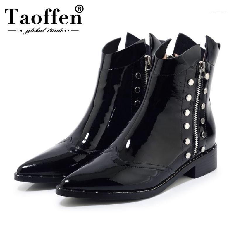 

Taoffen Women Sexy Pointed Toe Real Leather Motorcycle Boots Fashion Zipper Flats Boots Daily Club Botas Footwear Size 34-421, Black