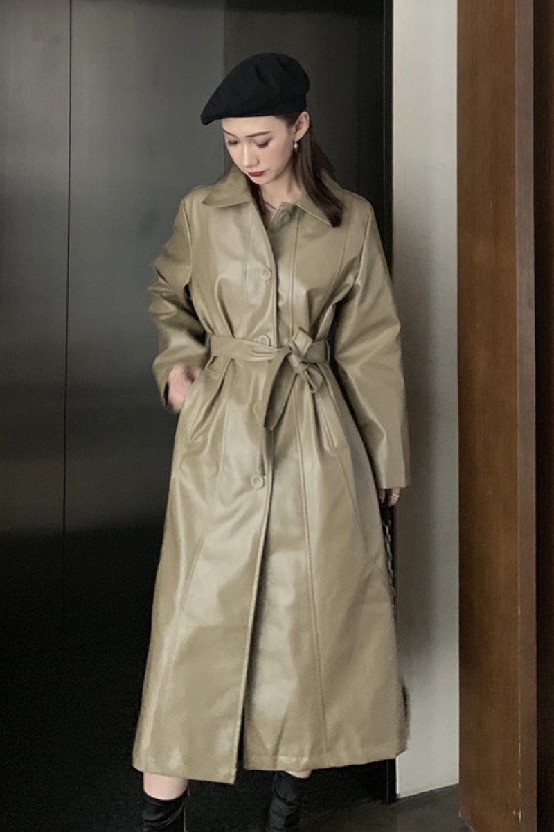 GOOHOJIO Cool PU Leather Long Jacket Fashion Women Jacket Loose Belt PU Leather Windbreaker Trench Women Coat Slim Autumn 201020