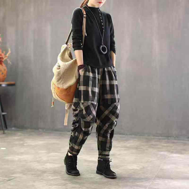 Spring Summer Arts Style Women Elastic Waist Harem Pants Vintage Cotton Linen Plaid Pants Loose Female Trousers Plus Size D414 201109