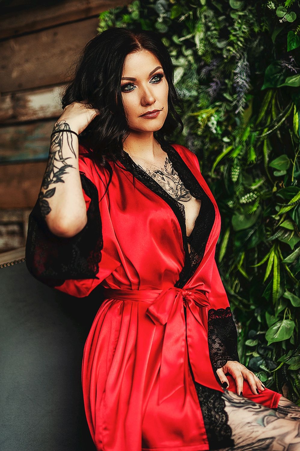 Sexy Women Lady Lingerie Satin Silk Lace Patchwork Gown Bathrobes Long Nightdress Red Bridal Kimono Robe with Belt