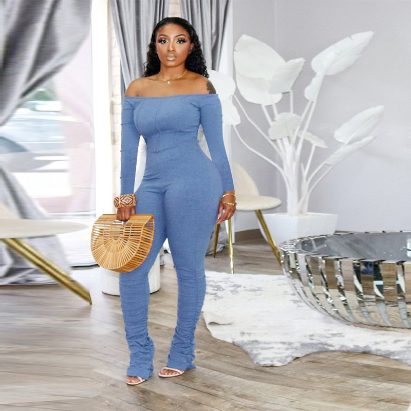 HAOYUAN Sexy Off Shoulder Long Sleeve Bodycon Jumpsuit Fall Clothes for Women Outfits One Piece Party Club Romper Stacked Pants 201007