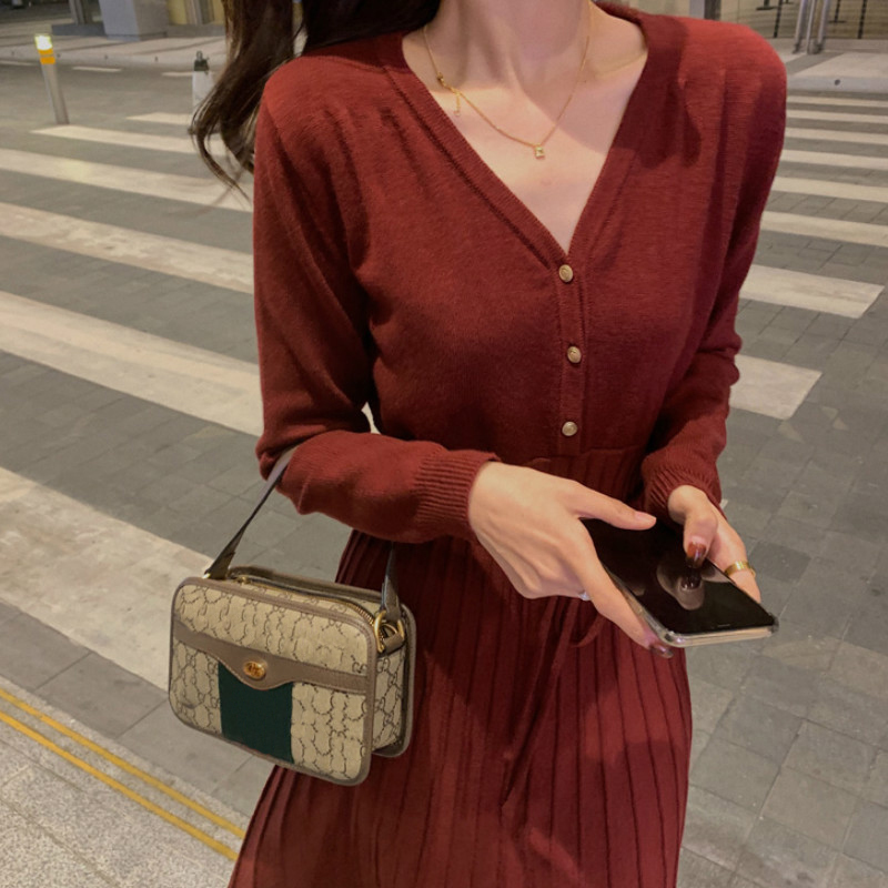 Midi Sweater Dress Women Casual Long Sleeve V-neck Elegant Office Knitted Dress Female One-piece Dress Korean Autumn Winter 201110