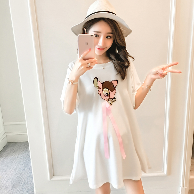 Maternity Clothes Summer Cotton O Neck Cartoon Short Sleeve Loose Stylish Dress for Pregnant Women Mom Dress LJ201125